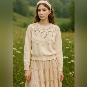 Laura Winton Crochet Floral Yoke Sweater Medium Cream Boho Cottagecore Vintage